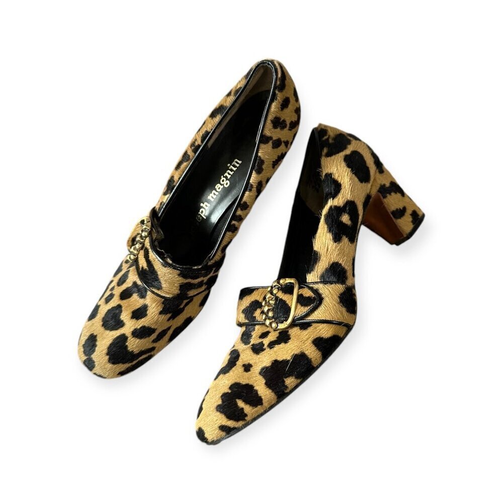 Vintage 1969 Herbert Levine Leopard Hair Calf Mod Pumps Gold Buckle, 7.5 AA